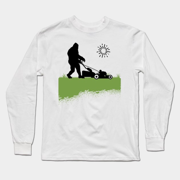 Bigfoot, the Lawn Mowing Sasquatch: Taming and Cutting Grass Long Sleeve T-Shirt by Tesszero